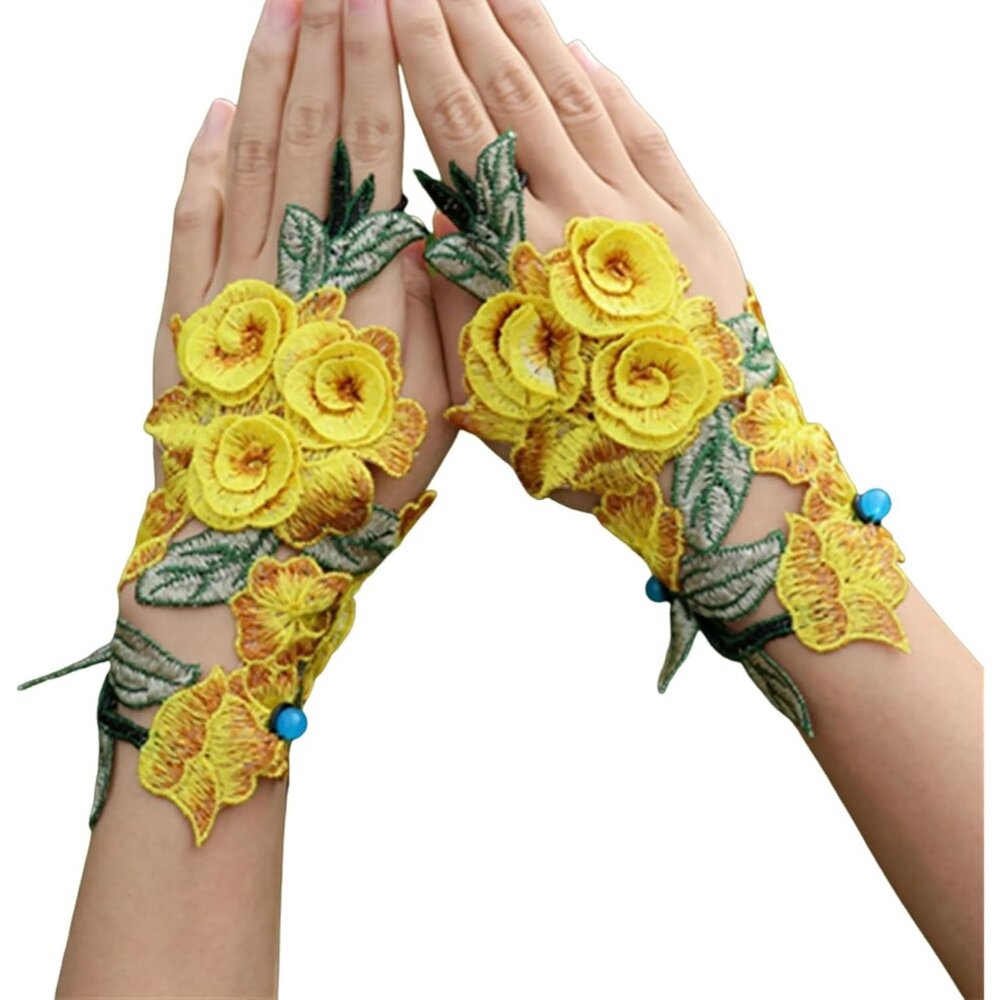 Women's A-B-Yellow Flowers Embroidered Lace Gloves Cocktail Party Costumes